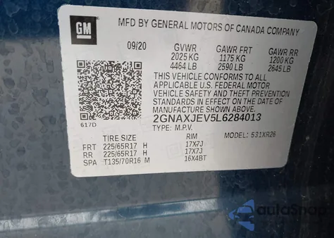 2020 Chevrolet Equinox Fwd 2Fl from USA, damaged, VIN 2GNAXJEV5L6284013